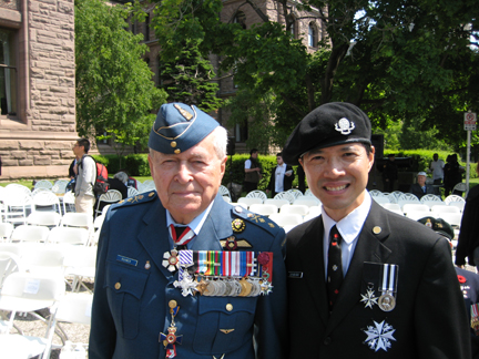 Maj. General Richard Rohmer and Derwin Mak at the D-Day 65th Anniversary Ceremony, Queen's Park, Toronto, June 6, 2009. Gen. Rohmer flew over Normandy on D-Day. Interestingly, Gen. Rohmer is also a science fiction writer of a sort; in the 1970's and 1980's, he wrote some "future history" novels such as Separation (Quebec separates) and Ultimatum (U.S. invades Canada) and technothrillers such as Starmageddon (U.S.-Soviet space war) and Periscope Red (Soviet submarine).